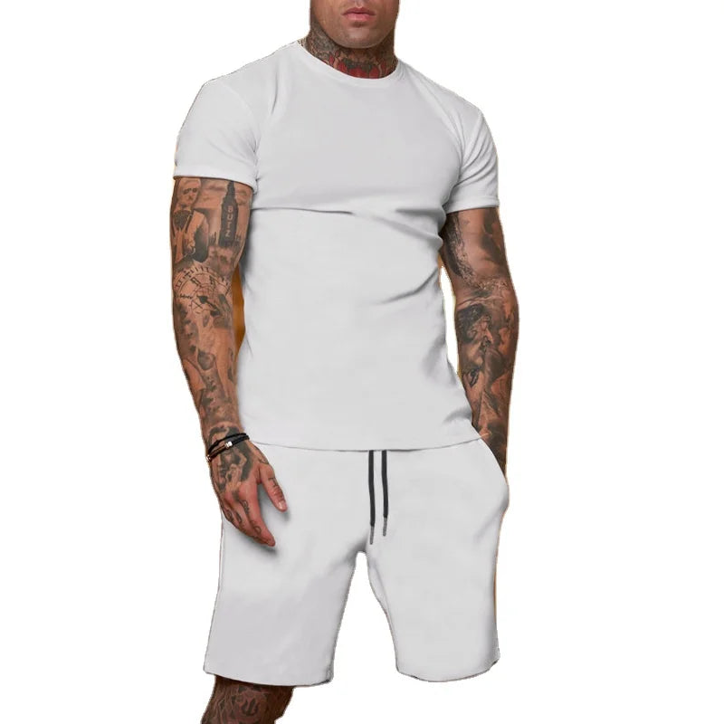 Custom Logo Men's Summer Sportswear Set Casual Knitted Shirt and Shorts for Running Solid Pattern