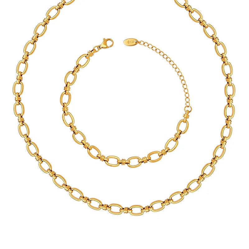 Trendy 18K Gold Plated Stainless Steel Geometric Chain Bracelet Necklace Waterproof Fashion Jewelry