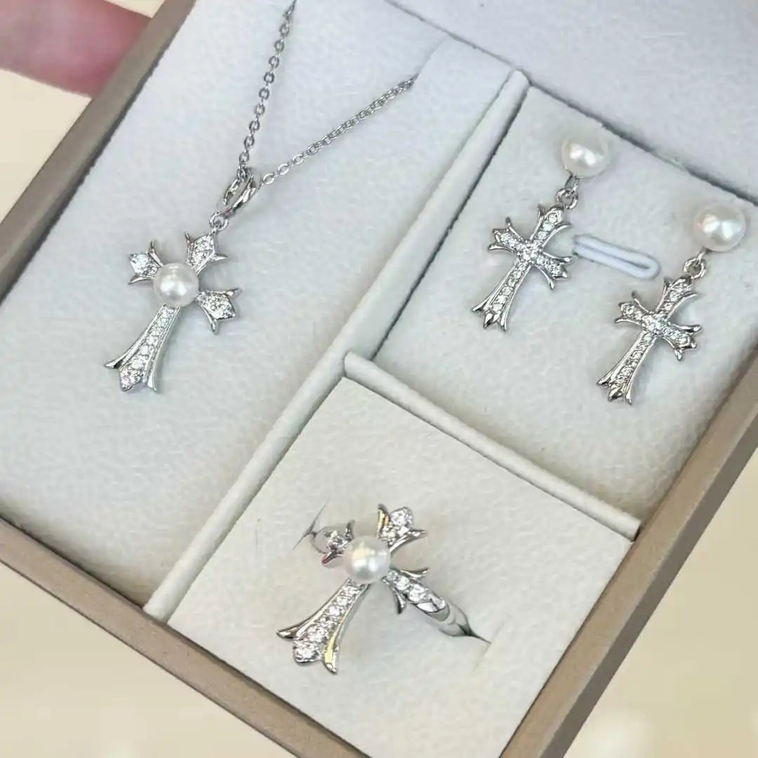 Punk Style Kroos Heart Cross Set with Natural White Freshwater Pearl Necklace Ring Earrings Pearl Jewelry Set