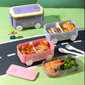New Design Cute Bus Shape Eco-friendly Children School Plastic Lunch Box With Cutlery Portable Camping Bento Box Food Containers