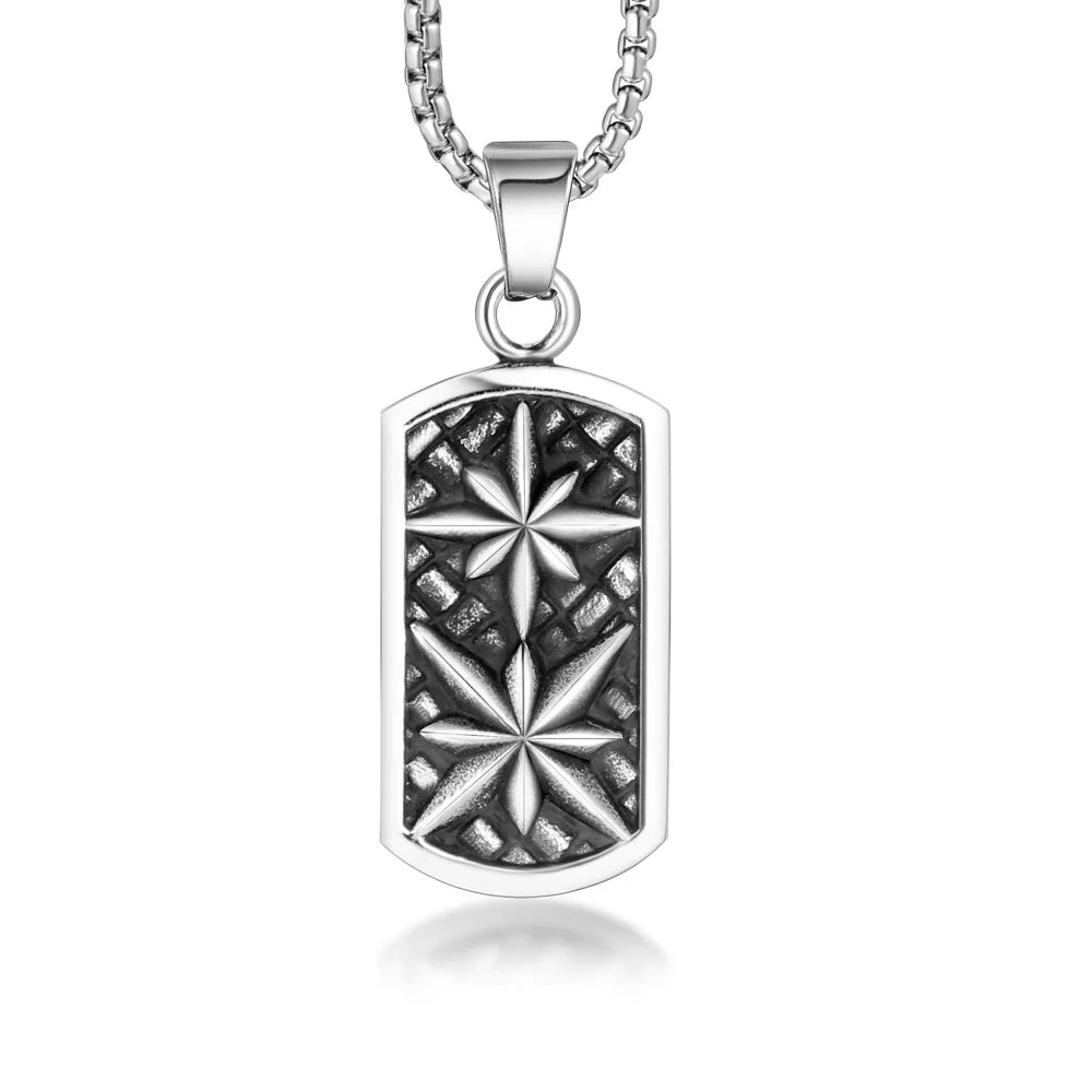 IP Black Plated Stainless Steel Square Casting Pendant Fashion Men Necklace Flower Dog Tags Jewelry