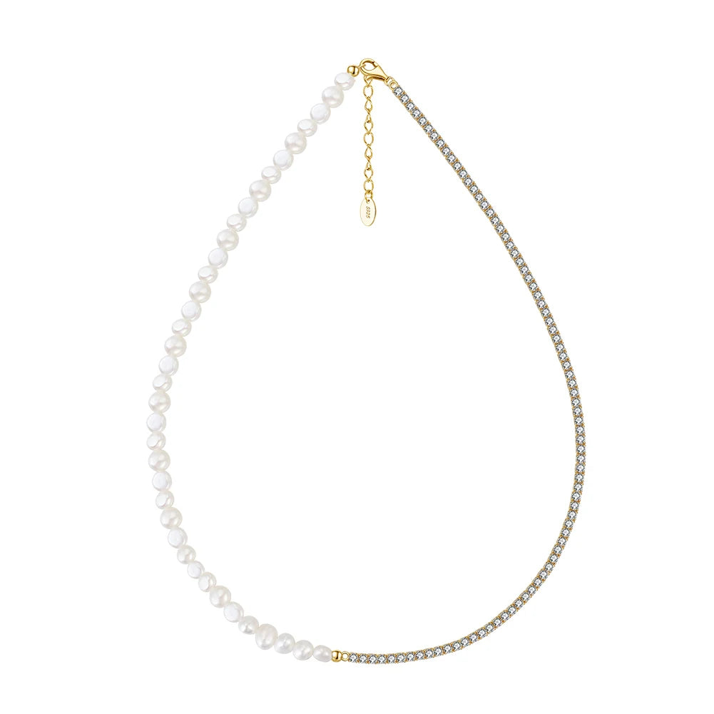 GPN27 RINNTIN Daitny Chunky Half Barque Pearl Half Silver Tennis Chain Choker Necklace 14K Gold Plated Pearl Necklace for Women