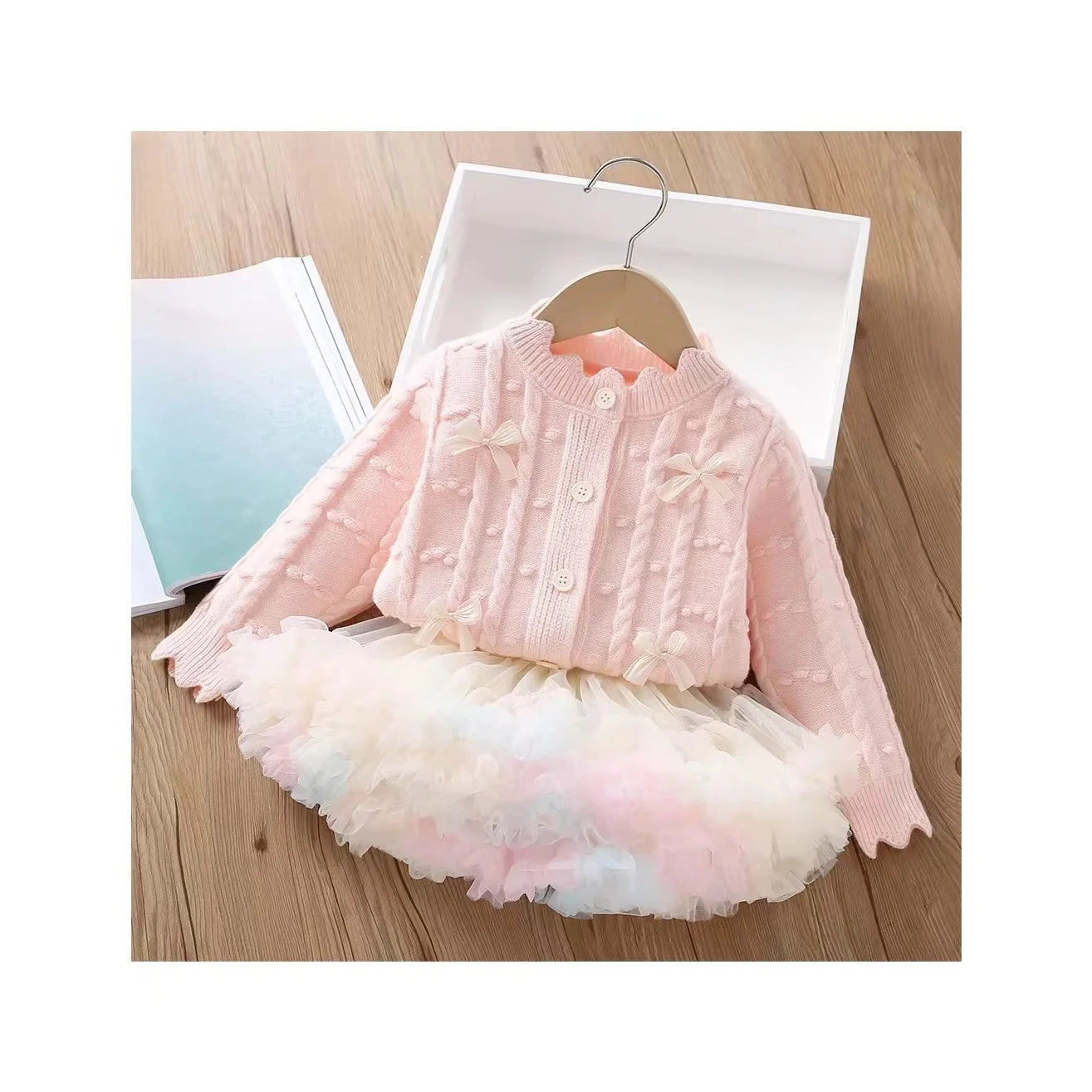 2024 Children's Clothing Autumn New Girls Sweet Bow Knitted Cardigan Sweater Puffy Skirt Set