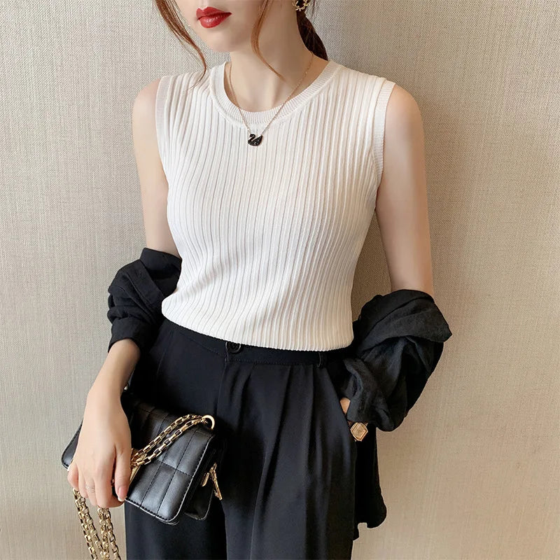 Free Size Stretch Material Knitted Sleeveless Top Korean Style Women Knit Tank Top