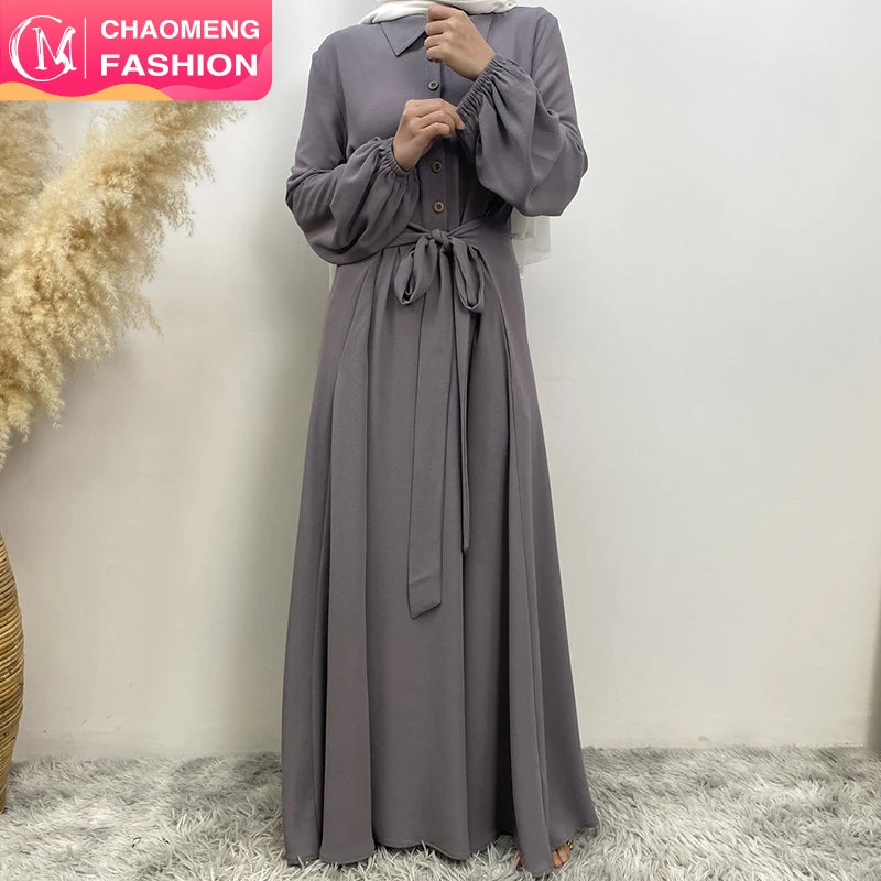 6771# Newest Ramadan Chiffon Maxi Dress 6 Buttons Muslim Women Long Flowy Summer Abaya Dresses With Pockets 5 Colors