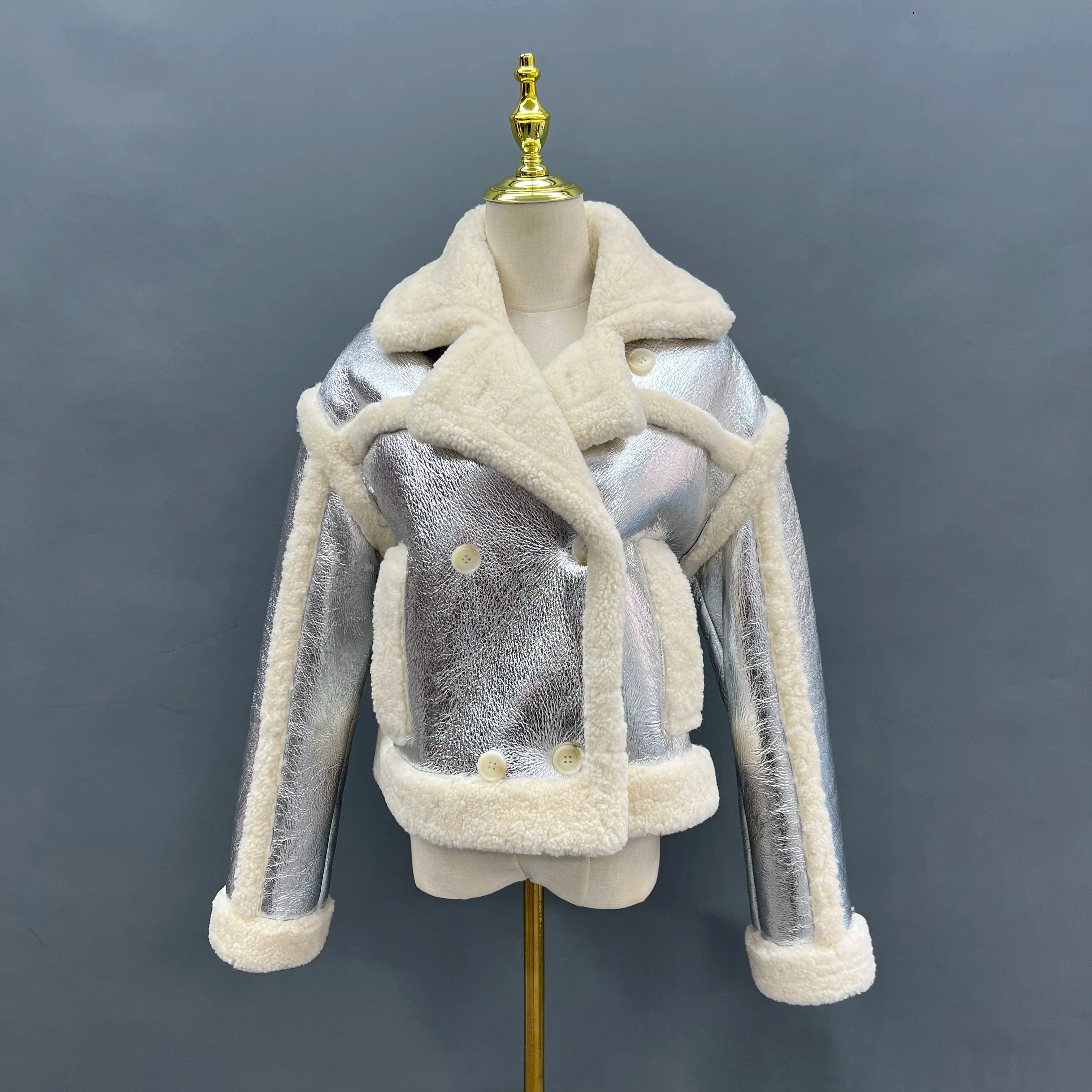 Janefur Custom Women Pink Green Fur Puffer Fleece Coat Shiny Shearling Jacket