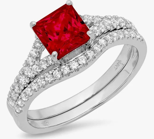 Princess Cut Pave Solitaire Accent Natural Deep Pomegranate Dark Red Garnet Engagement Promise Statement Anniversary Bridal Ring