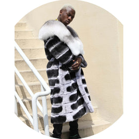 Men Thick Grey Rex Rabbit Coat With Long Big Fox Fur Collar Coat