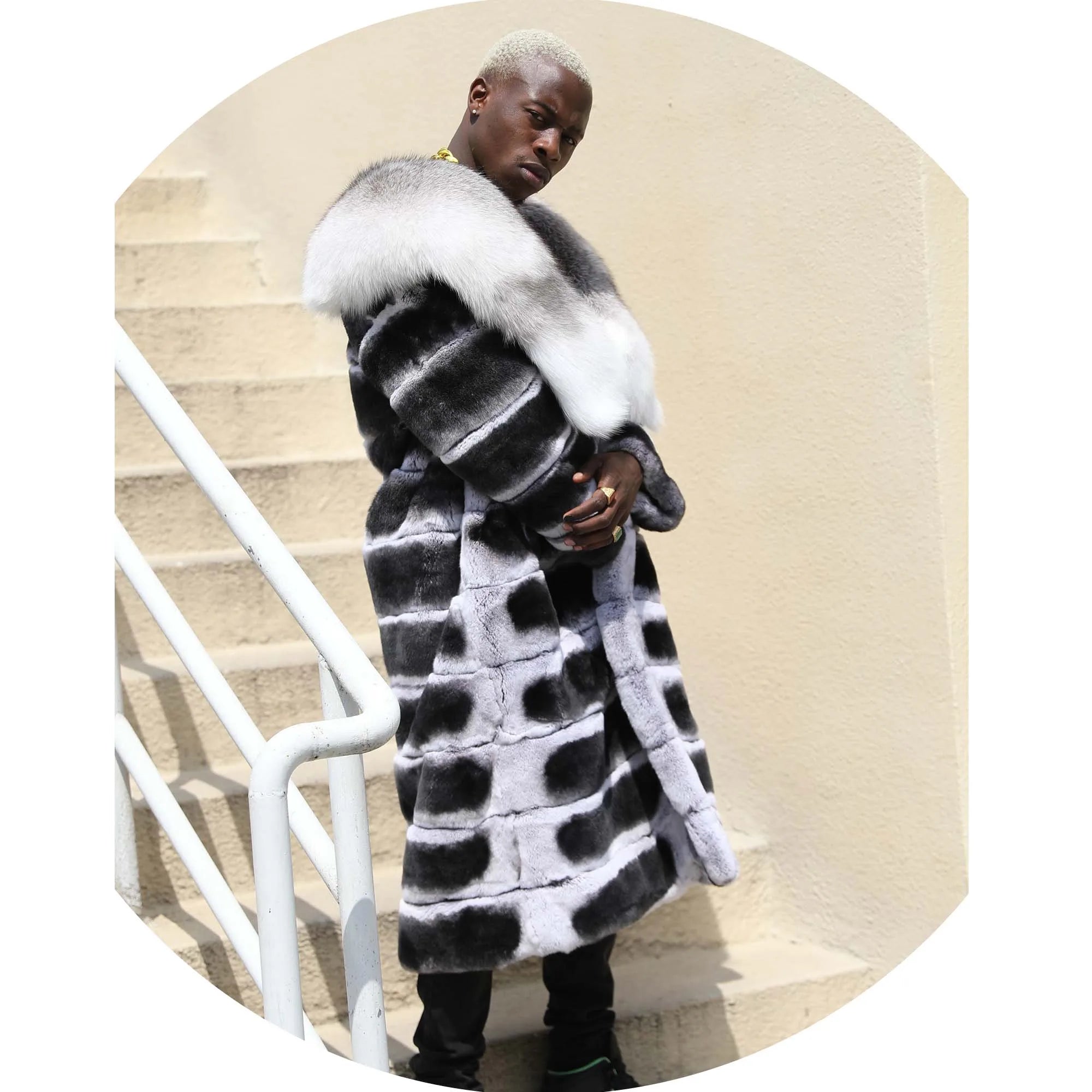 Men Thick Grey Rex Rabbit Coat With Long Big Fox Fur Collar Coat