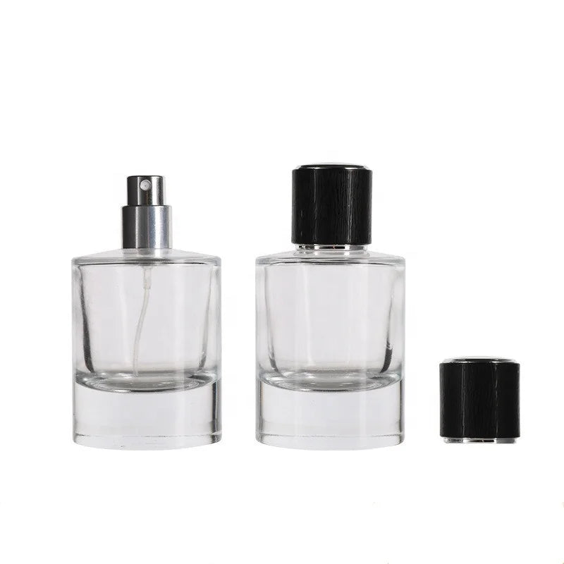 In Stock Cylindrical Round Empty Luxury Fine Mist Glass Spray 50ml Perfume Bottles with Black Cap