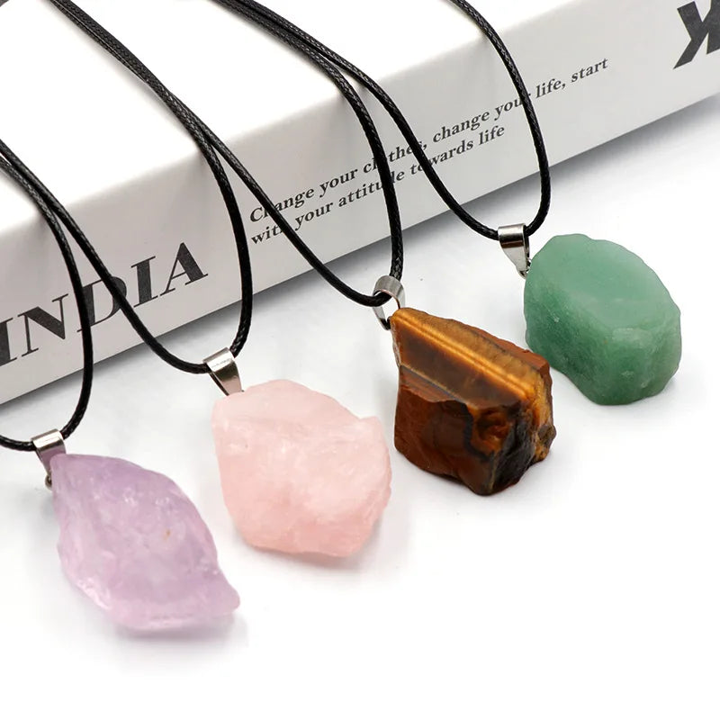 Natural Raw Stone Pendant Necklace Irregular Shaped Crystal Agate Multicolor Gemstone  Necklace Jewelry