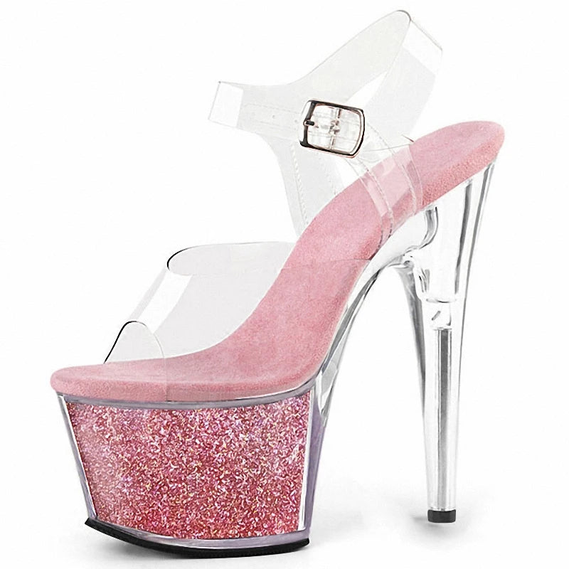 17cm Stiletto Heels 7 Inch Glitter Pole Dance Shoes Sparkly Platform Clear Crystal Sexy Nightclub Model Party Stage Sandals