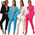 Clearance Sales New Fashion Elegant Women Outfits Feathers XS Two Piece Office Wear Blazer Coat and Straight Pants Set