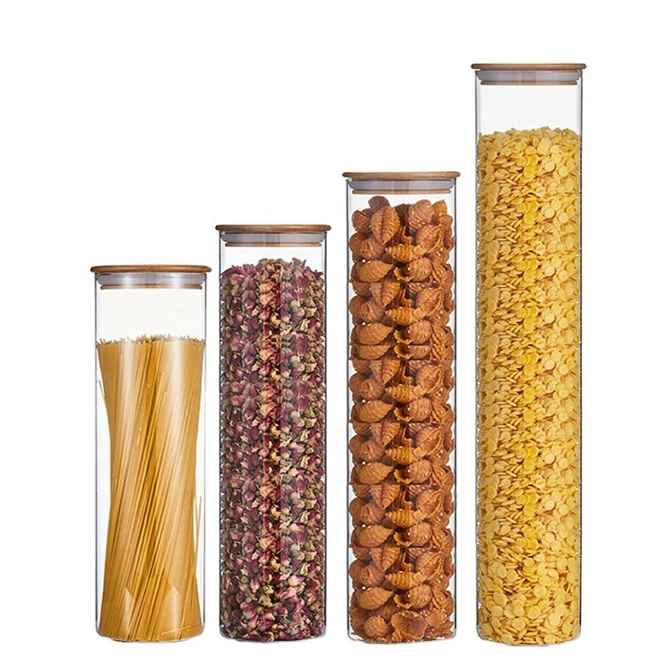 Clear Borosilicate Glass Jar Bamboo Lid Sealed Canister Food Storage Container for Loose Tea Coffee Bean Sugar Salt Spice Cover