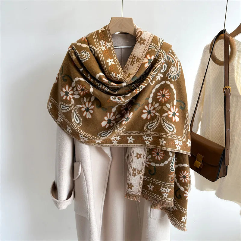 Fashion Cashew Net Flower Printing Winter Soft Thick Warm Scarf Pashmina Long Shawl Wrap for Women Wholesale Scarves