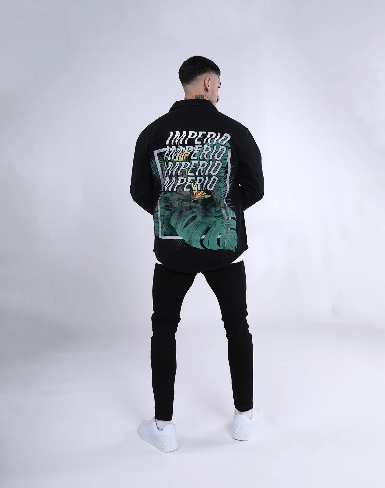Imperio Design Casual Winter Denim Overshirt Full Sleeve Graphic Print Back Tropical Leaf Pattern Layered Typography Breathable