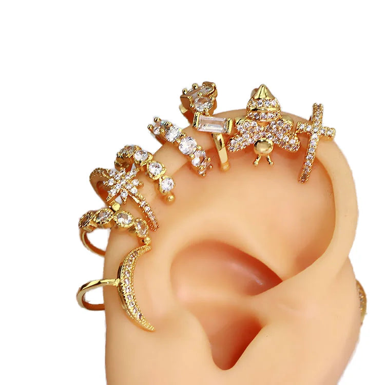 EC1881 Chic Woman Ear Cuffs Jewelry CZ Zircon Diamond Triple Conch Ear Cuff Earrings Non Piercing Star Heart Clip Ear Cuffs