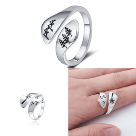 Anillo De Ansiedad Platinum Plated Adjustable Wrap Ring with Engraved Mountains Forest Tree Mountain Adjustable Jewelry Ring