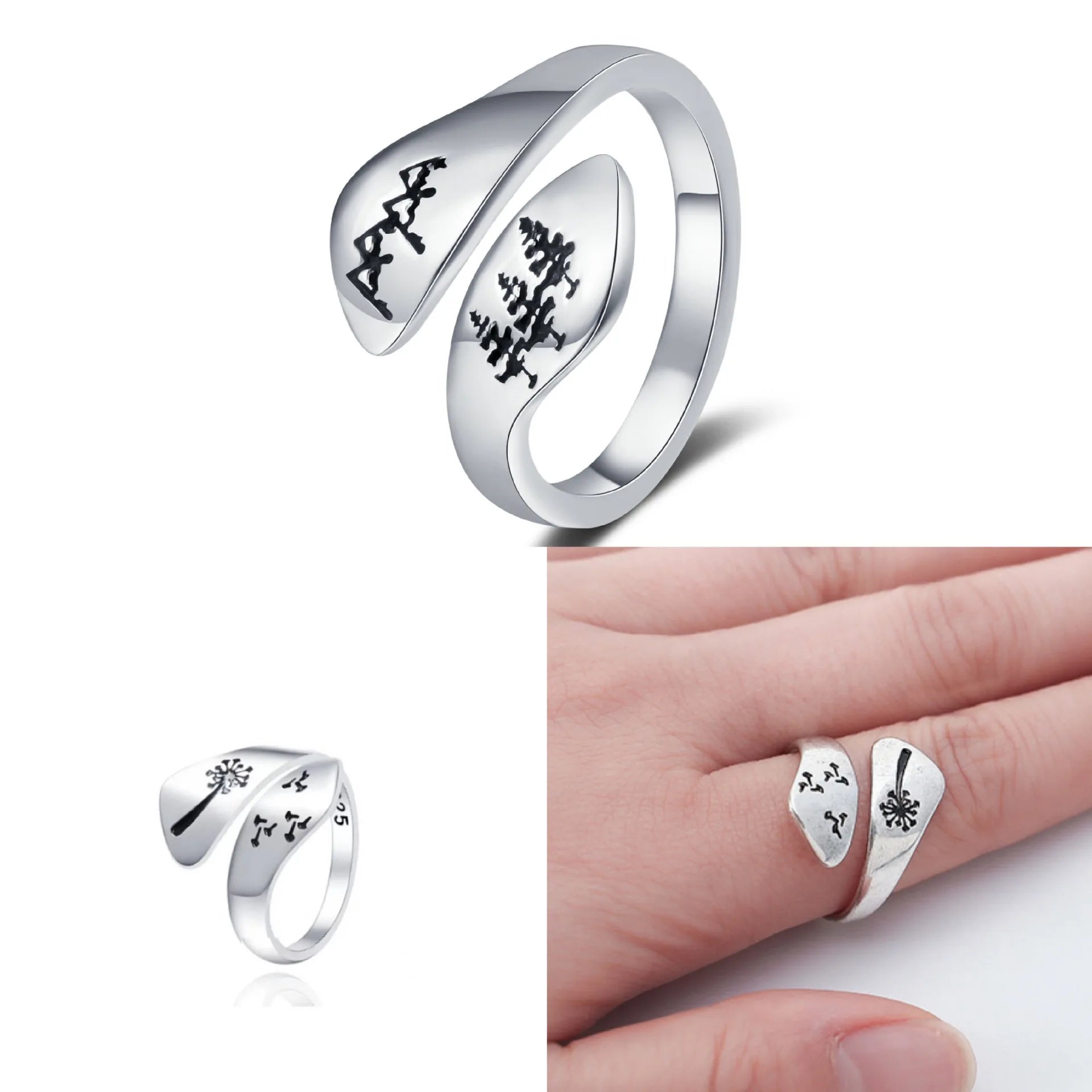 Anillo De Ansiedad Platinum Plated Adjustable Wrap Ring with Engraved Mountains Forest Tree Mountain Adjustable Jewelry Ring