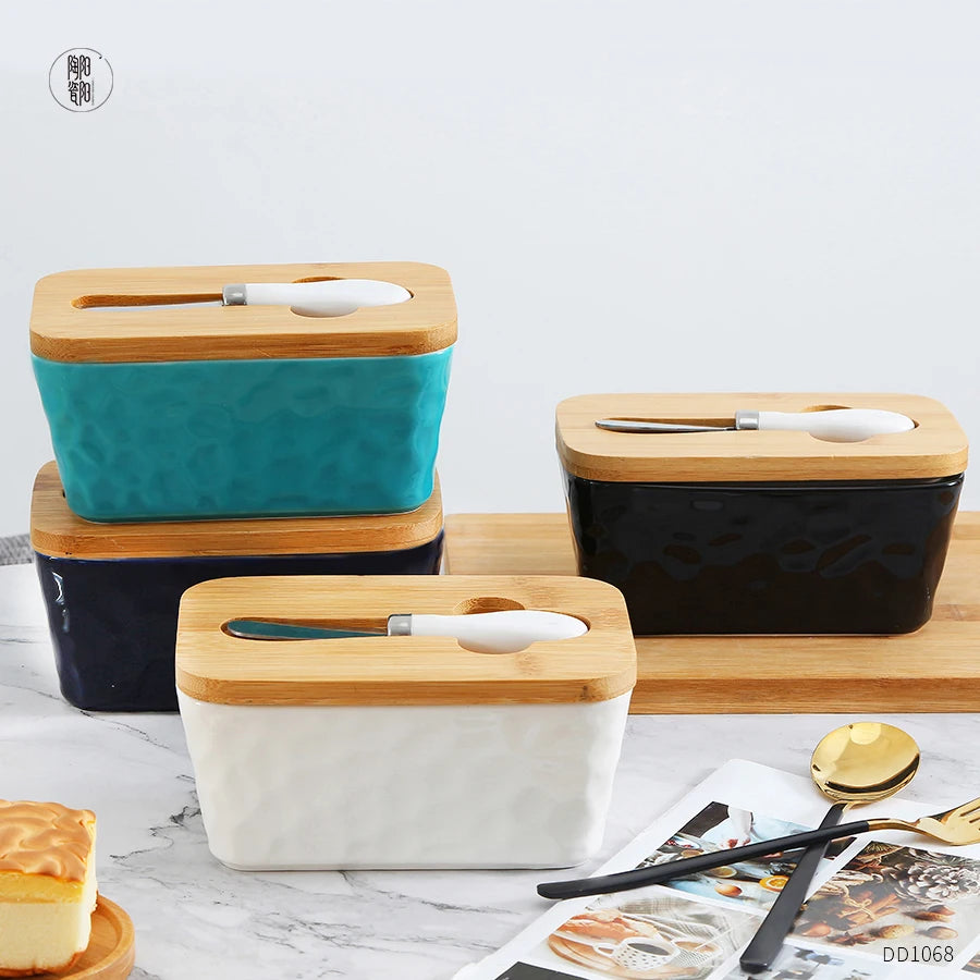 Custom logo Colorful Porcelain Butter Container Home Kitchen Rectangular Ceramic Butter Keeper Dish with Wooden Lid and Knife