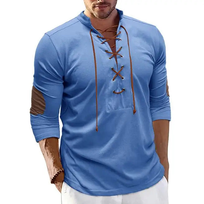 New Long Sleeved Lace up Standing Collar Henry Shirt Retro Men's T-shirt Outdoor Sports Casual Top
