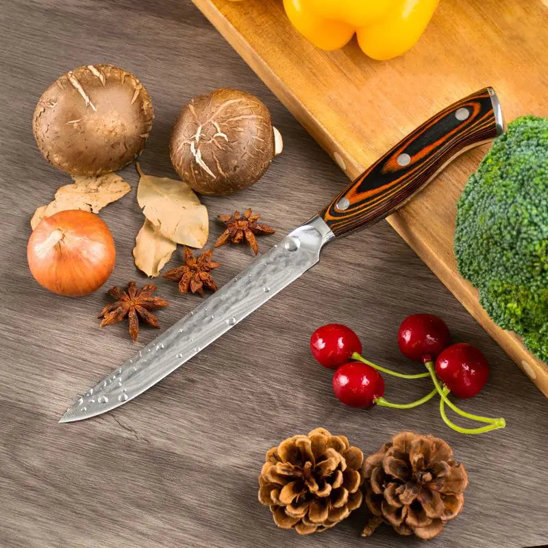 5 Inch 5cr15 Stainless Steel Hammer Pattern Kitchen Utility Knife With Ergonomic Pakka Wood Handle