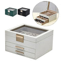2-Drawer 3-Layer White PU Leather Jewelry Box with Transparent Glass Lid for Earrings Necklaces Rings Storage