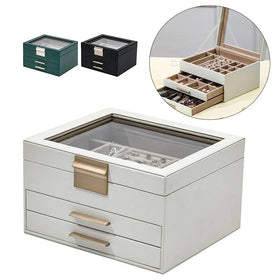 2-Drawer 3-Layer White PU Leather Jewelry Box with Transparent Glass Lid for Earrings Necklaces Rings Storage