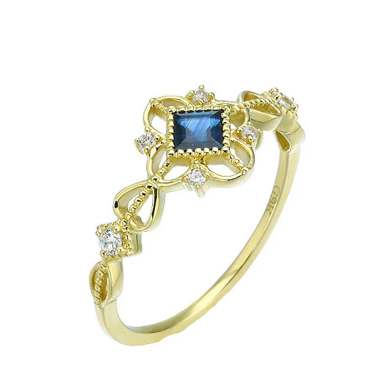 925 Sterling Silver Vintage Sapphire Flower Rings for Women 14K Gold Plated Retro Hollow Simple Ring