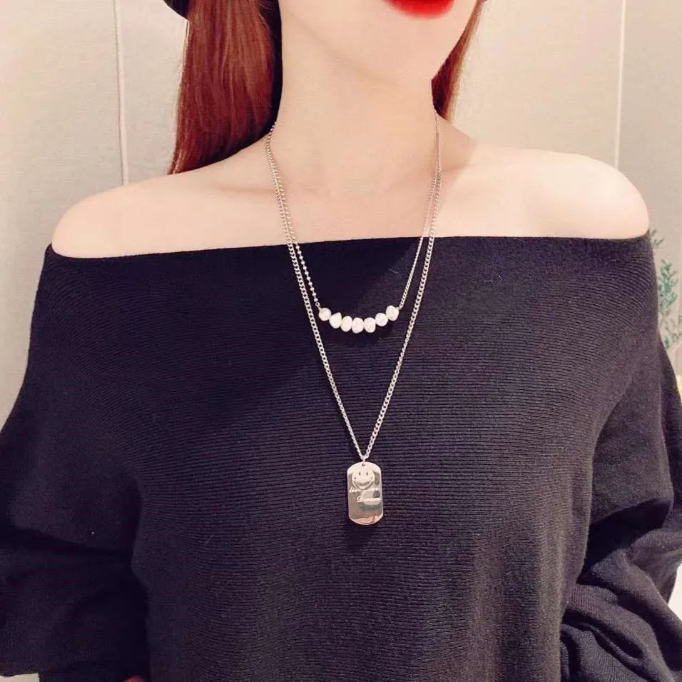 European and American Bazaar Women's Long Chain Necklace Silver Sweater with Natural Baroque Keshi Pearl Elegant and Stylish
