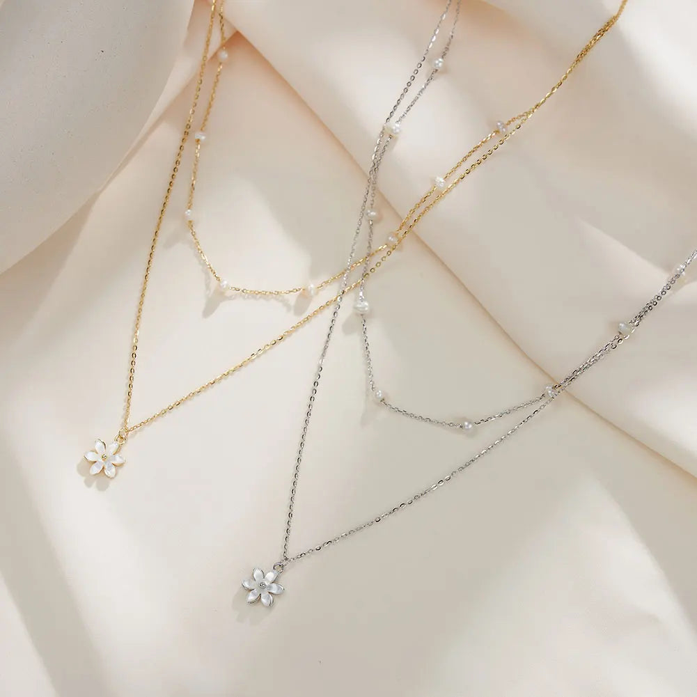RINNTIN GPN73 Dainty Women Jewelry Pearl Layering Necklace Delicate Minimalist Flower Pendant Necklace Gifts