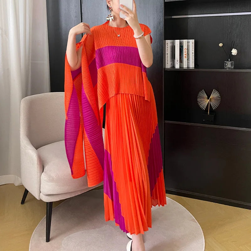 Two-Piece Suit Office Clothing Asymmetrical Shirt Color Matching Pleated Irregular Top + Skirt Women'S Casual Suit Dress