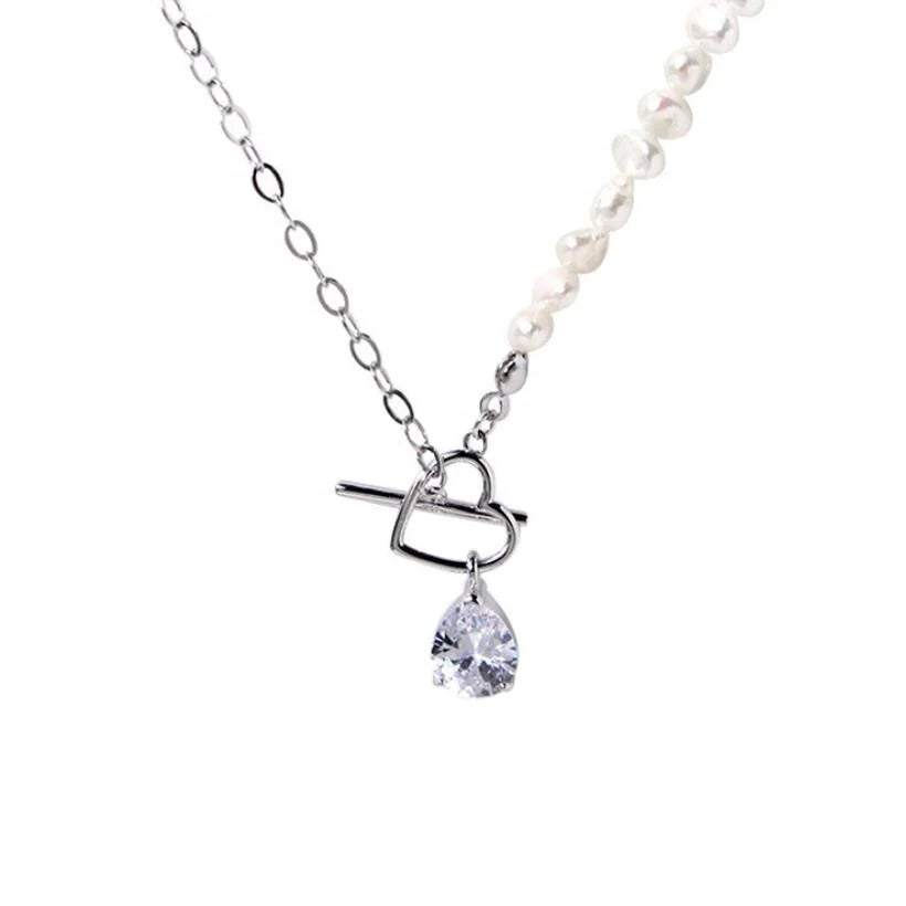 Wholesale Heart Design Zircon Baroque Pearl Necklace 925 Sterling Silver Pearl Jewelry Wholesale Fresh Water Pearl Necklace