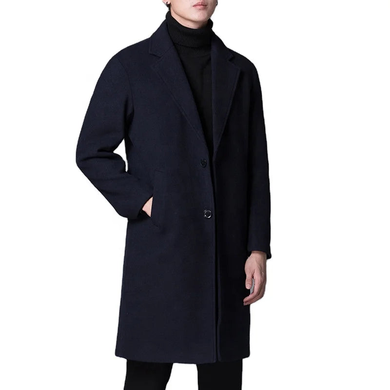 OEM Custom Wholesale Men's Pure Color Buttons Korean Trend Long Trench Coat Men's Woolen Coat