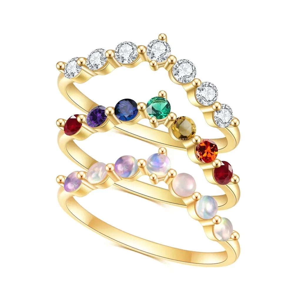 V Shape Seven Stone Minimalistic Simple Stackable 925 Sterling Silver CZ Opal Multi Gemstone Ring Bands