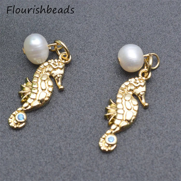 Trendy Design Anti Fading Nickel Free Gold Plated CZ Pave Natural Pearl Beads Hippocampus Seahorse Charms Pendants for Earring