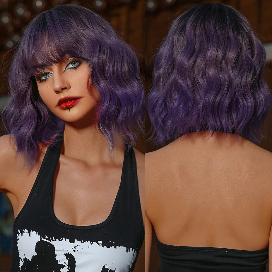 In-stock MOQ1 Purple Short Bob Cosplay Synthetic Wigs with Bangs Curly Wave Ombre Wig for Black Women Natural