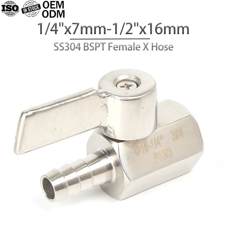 BSPT Female Thread Hose Tail Hose Barb SS304 Stop Goods 1/4" -1/2" to 7-16MM Mini Pagoda Ball Valve With Stainless Steel Handle