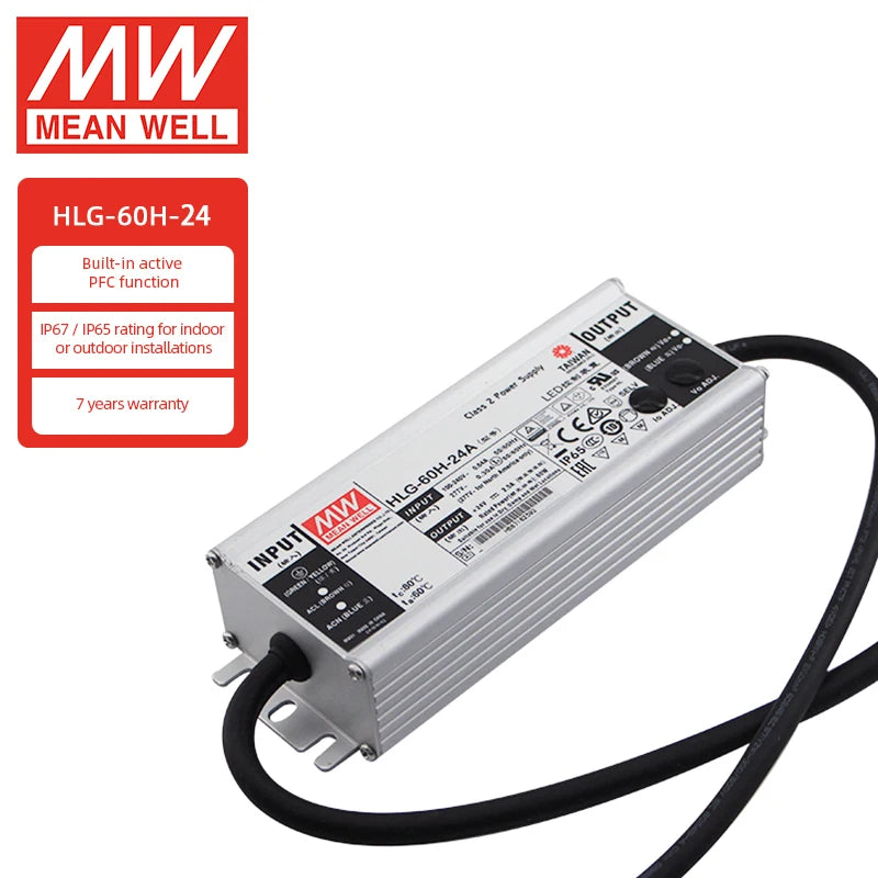 Mean Well HLG-60H-24 IP67 Waterproof Ac-dc Constant Voltage Led Driver 60W 2.5A 24vdc 60W 24V Lighting and Circuitry Design 1pc