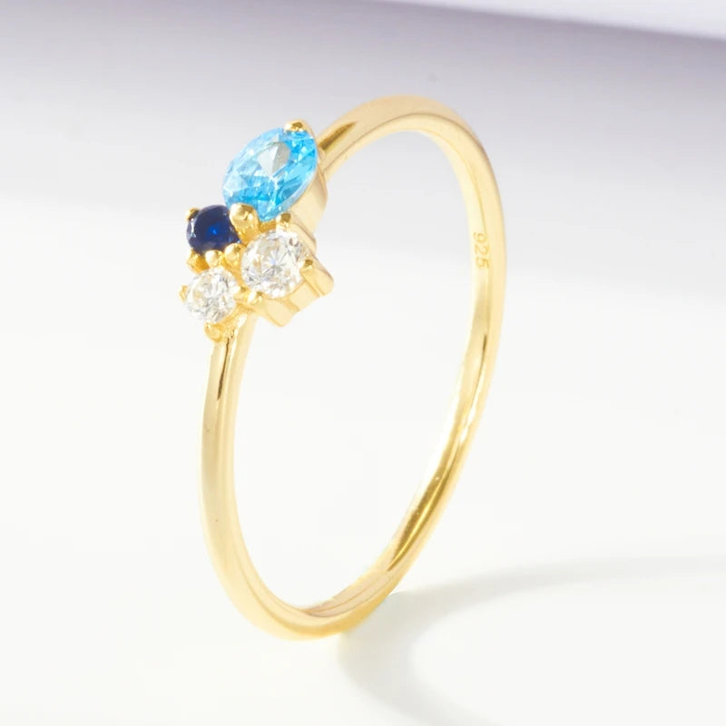 New Elegant 925 Sterling Silver 14K Gold Plated Cz London Blue Topaz Mini Cluster Ring for Engagement Wedding