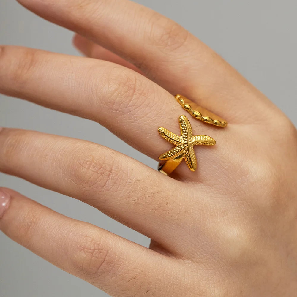 2025 Fashion Cowrie Shell Ring Open Ring 18K Gold Plated Stainless Steel Ring Jewelry for Women Girls