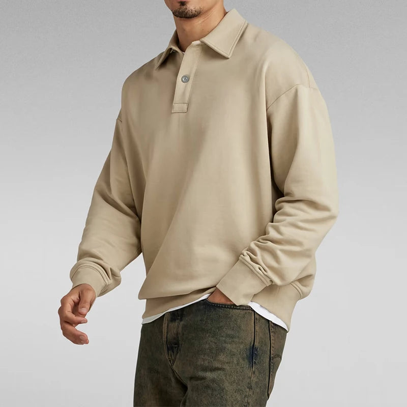 Spring Autumn Button Polo High Collar Men Wholesale Custom Logo Cotton French Terry Mens Loose Sweatshirts
