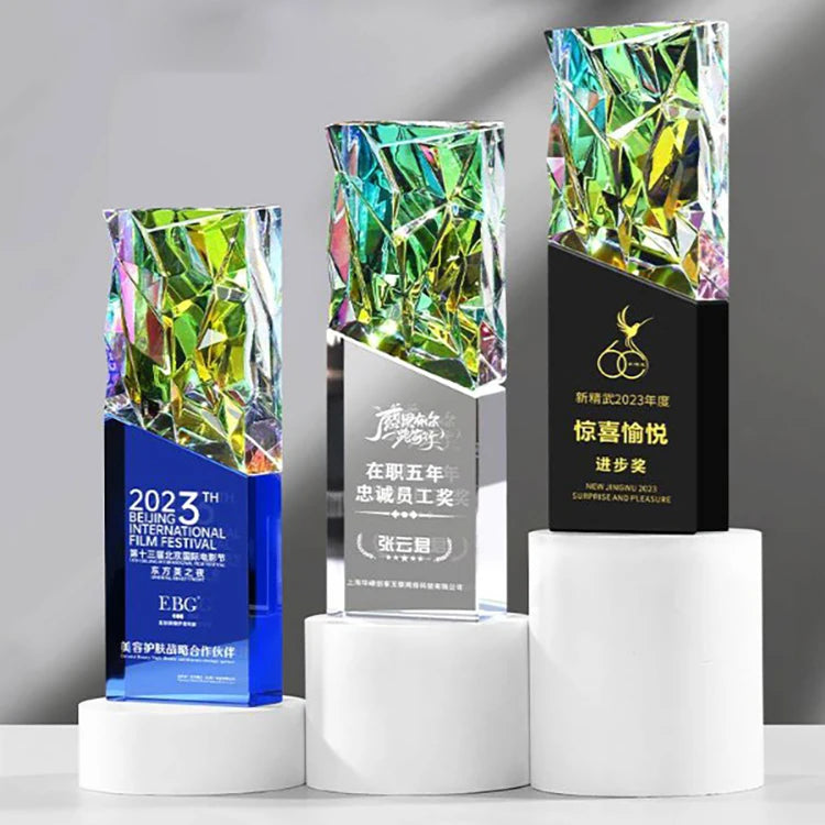 Rainbow Crystal Glass Plaque Trophy with clear Blue Black Base MH-NJ0281