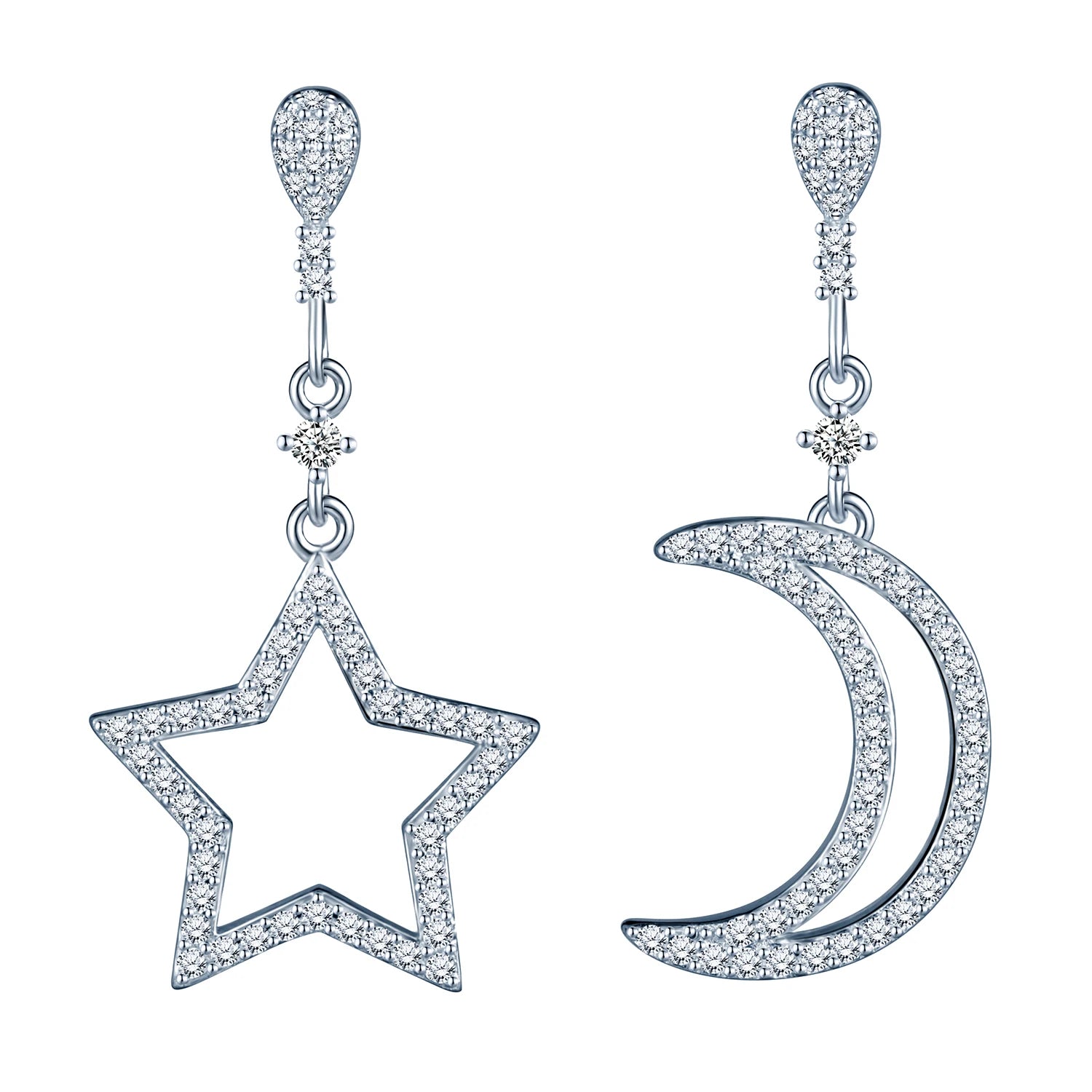 Wholesales Simple Hollow Out Asymmetrical Moon Star Inlaid Stone S925 Sterling Silver Women's Earrings Studs