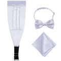 Fashionable Solid White Glossy Satin Durable Bowtie and Cummerbund Set Includes Pretied Bow Tie and Pocket Square