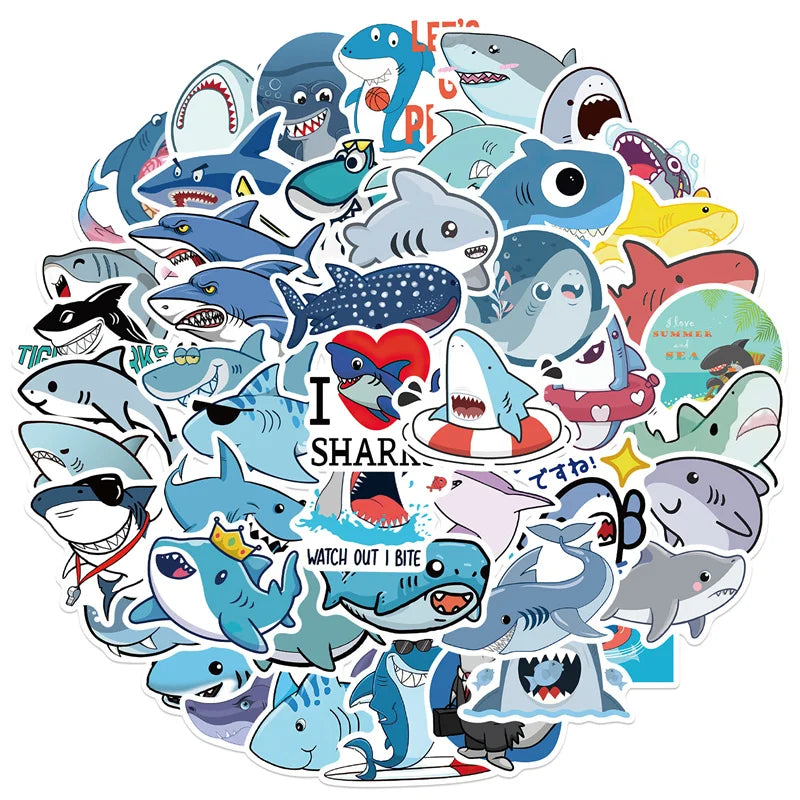50PCS Shark Stickers Pack Cute Shark Decals for Kids Teens Students Phone Laptop Skateboard Luggage Guitar Water Bottles