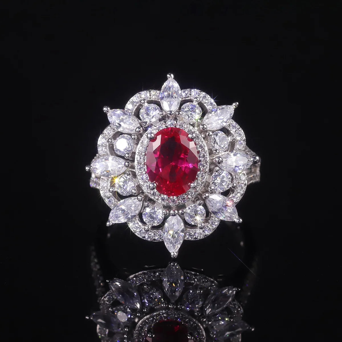 AR013 Abiding Luxury Vintage Cubic Zirconia 925 Sterling Silver Ice Cut Lab Grown Ruby White CZ Flower Anniversary Ring