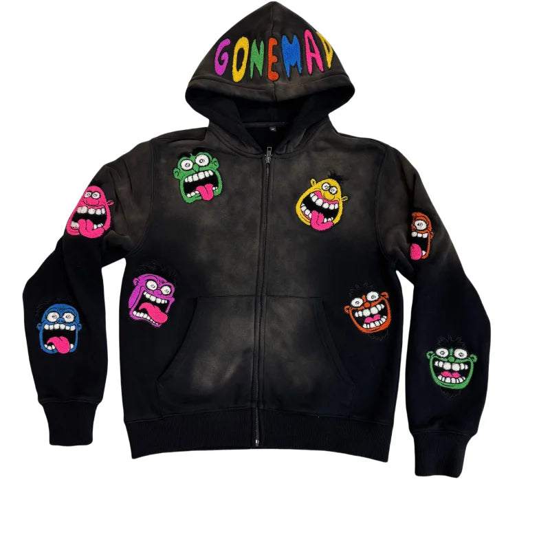 High Quality Patch Chenille Zipper Hoodie Applique Towel Embroidery Casual Personality 50% Cotton Wash Fleece Hoodie for Men