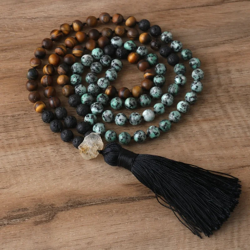 Dainty Mala Necklace for Women Men Handmade Tassel Pendant Knotted Matte Natural Tiger Eyer 108 Beaded Necklace