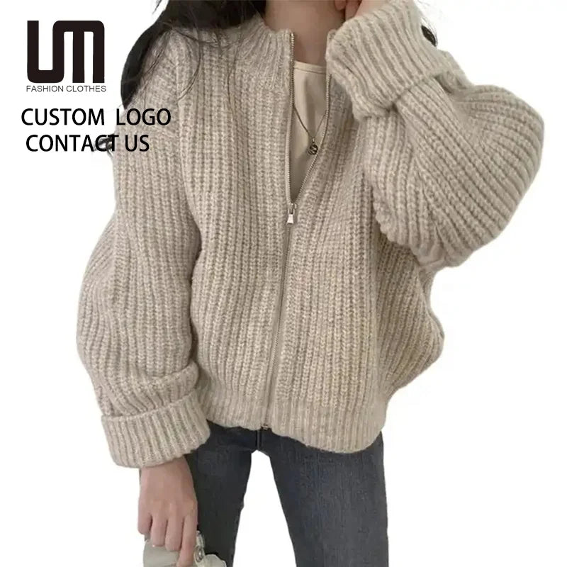 Liu Ming Korean Style Fashion Women Casual Warm Zipper Loose Jacket Coats Knitting Sweater